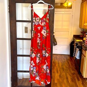 Long Backless Floral Red dress